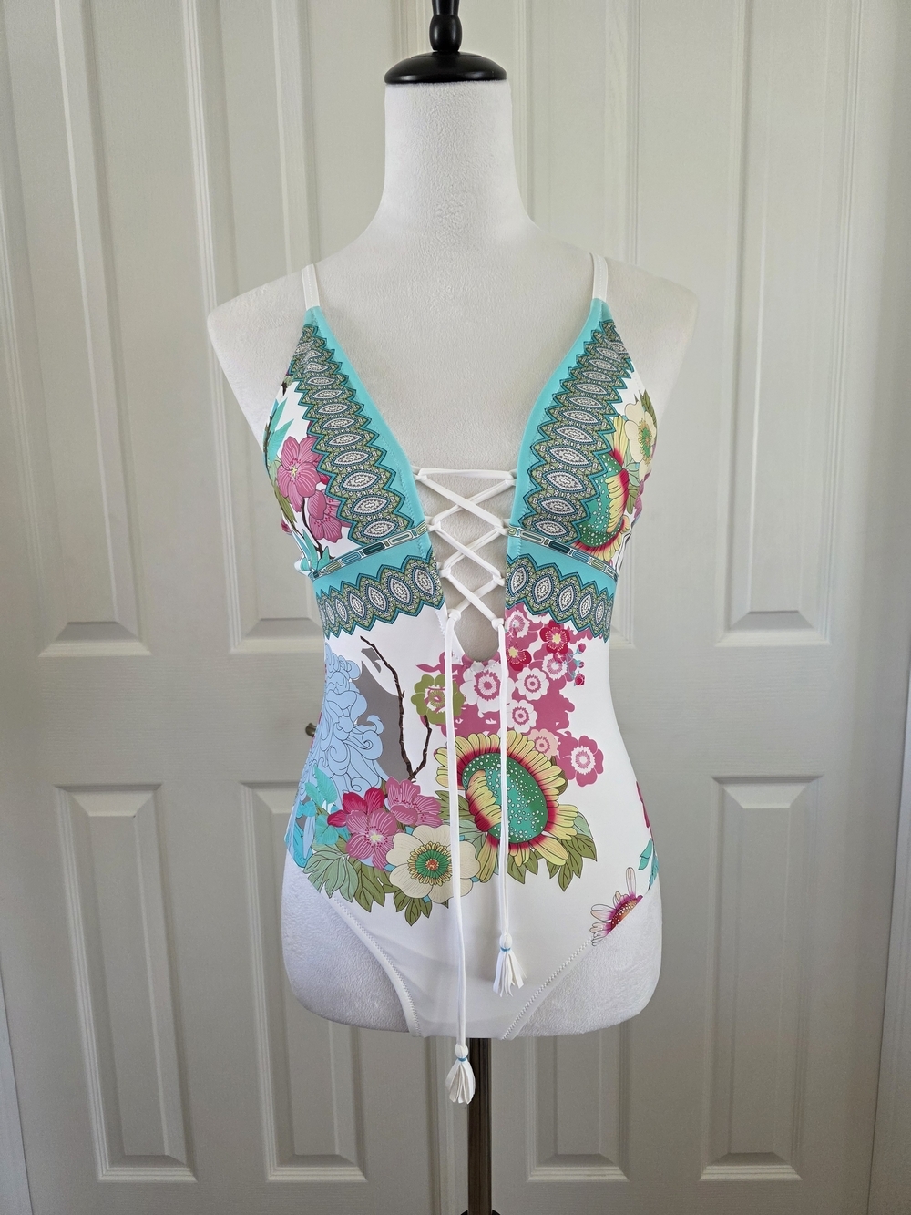 Johnny Was Cora Lace Up One Piece Swimsuit Blue Floral Print SZ S Boho Resort - Picture 9 of 14